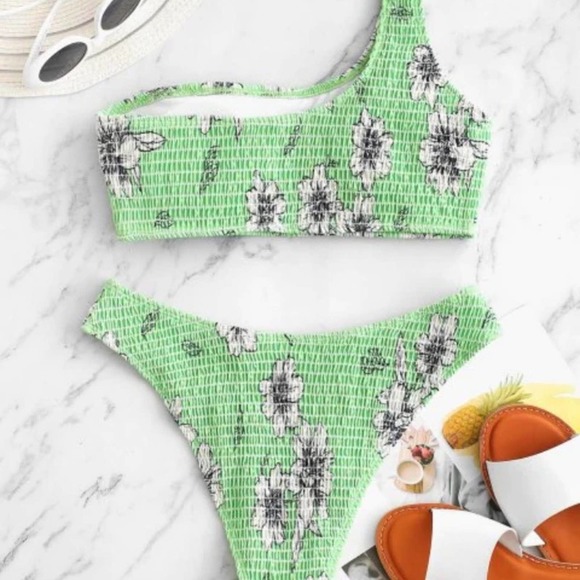 Floral green padded smocked one shoulder high waist bikini Sz M - Picture 2 of 5